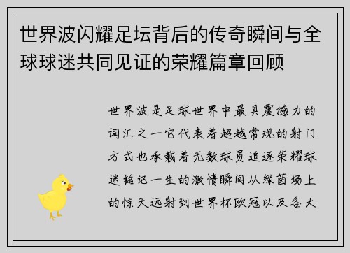 世界波闪耀足坛背后的传奇瞬间与全球球迷共同见证的荣耀篇章回顾